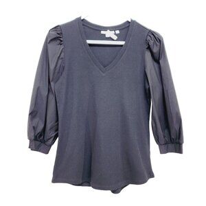 Chicos blouse top Black V-Neck Puff Sleeve Womns  Size S three quarter Sleeve